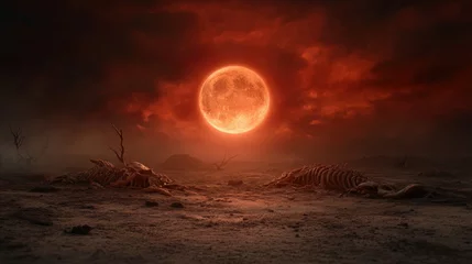 Fototapeten This haunting image features the remains of creatures in a lifeless landscape under a blood orange sky, evoking themes of extinction and the fragility of life. © DKPhoto