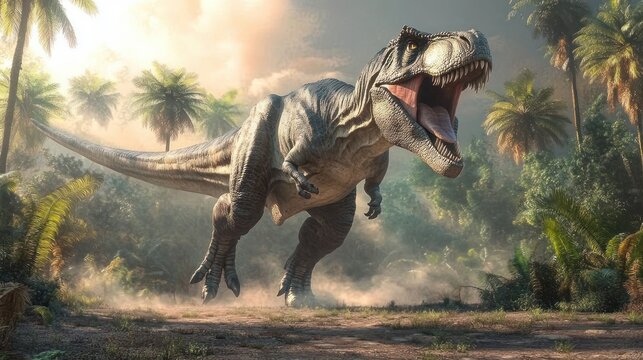 Tyrannosaurus Rex Roaring in Prehistoric Jungle with Lush Ferns and Palm Trees - Powered by Adobe