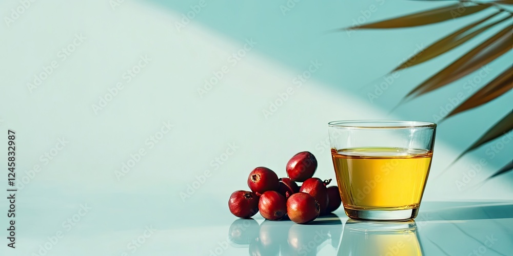 Poster golden palm oil in a glass next to fresh red fruits on a light blue reflective surface with a soft s