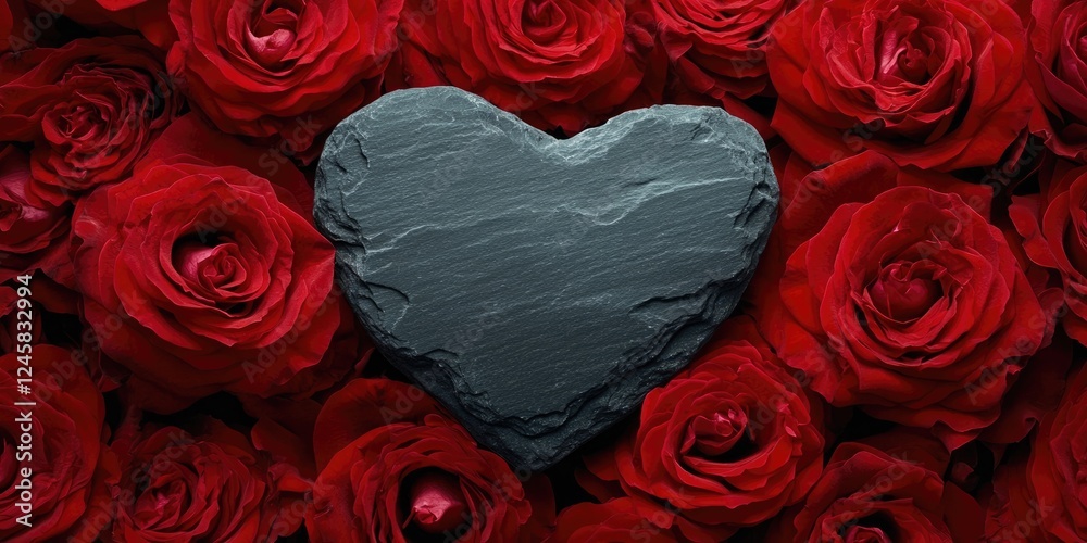 Poster slate heart positioned centrally against a backdrop of vibrant red roses, creating a romantic and el