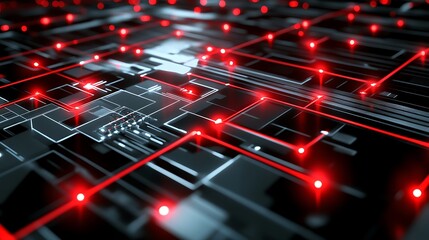 A visually stunning 2D futuristic circuit board illustration, featuring glowing red and silver pathways on a dark, dynamic digital grid.
