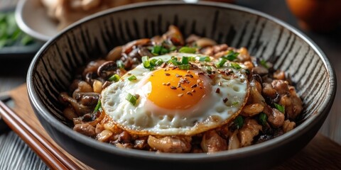 Stir fried egg topped with green onions and chili flakes sits atop pork and mushrooms in a deep bowl. Rich earthy tones complement warm yellow.