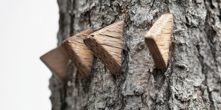 Wooden triangular pointers affixed to a textured tree trunk against a blurred white background showcasing natural rustic elements and tones