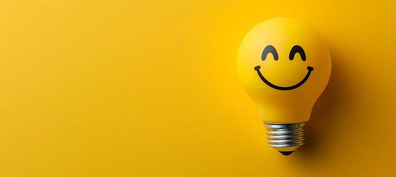 Una lampadina gialla con faccina sorridente, simbolo di gioia e creativit&agrave;. Sfondo giallo con ampio spazio per personalizzazioni