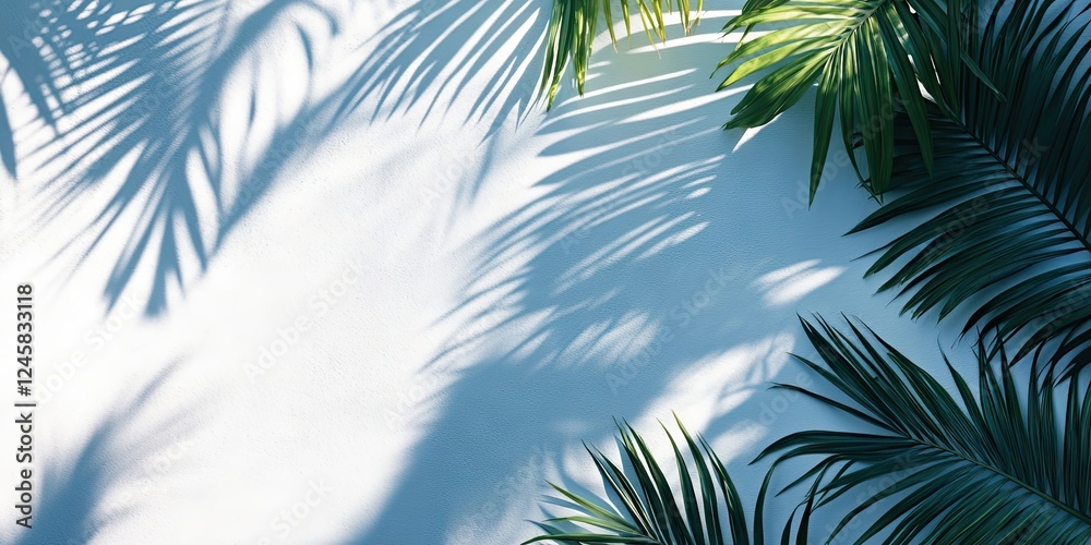 Aufkleber tropical palm leaves casting intricate green shadows on a textured white wall creating a serene and 