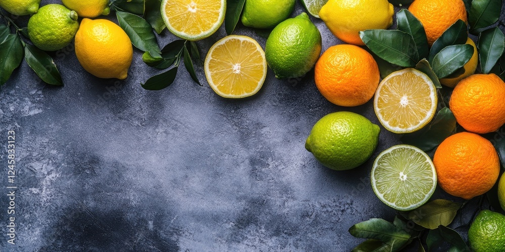 Poster citrus fruits arranged on a textured grey background featuring whole and sliced lemons, limes, and o