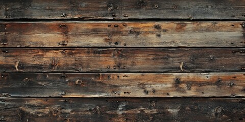 Rustic wooden texture backdrop with dark brown and weathered wooden planks arranged horizontally showcasing intricate grain patterns and knots.