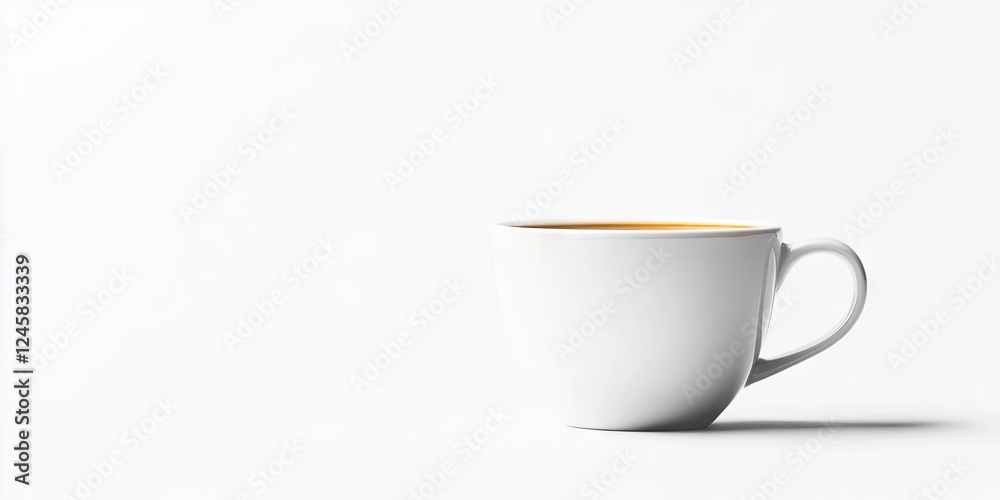 Poster white coffee cup filled with brown coffee positioned to the right on a minimalistic white background