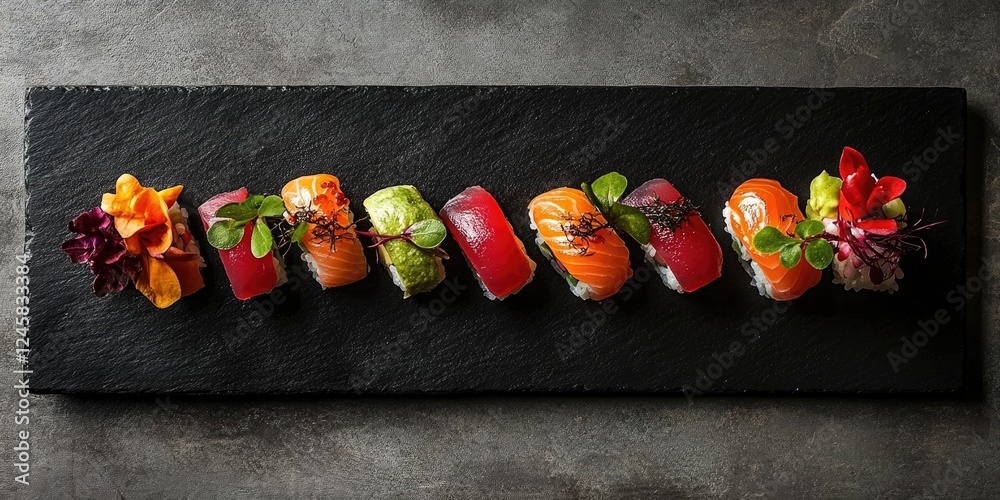 Poster Colorful sushi assortment on a black slate platter with fresh toppings arranged elegantly against a textured grey background creating a modern presentation