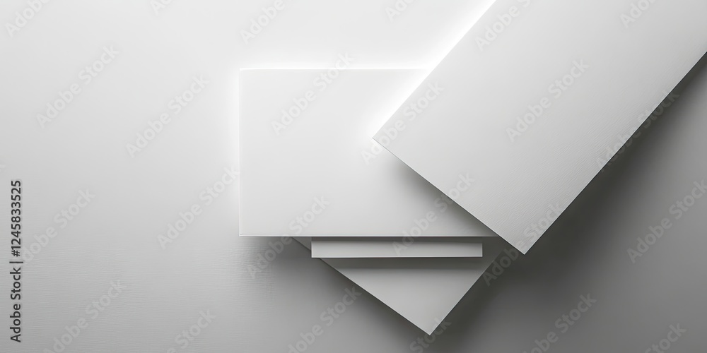 Poster white square paper sheets stacked with one angled on a smooth gray background, creating depth and mi