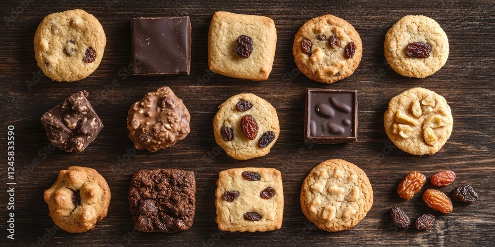 Aufkleber Assorted cookies and chocolate squares arranged on a dark wooden surface with varying textures and colors showcasing appetizing details and shapes