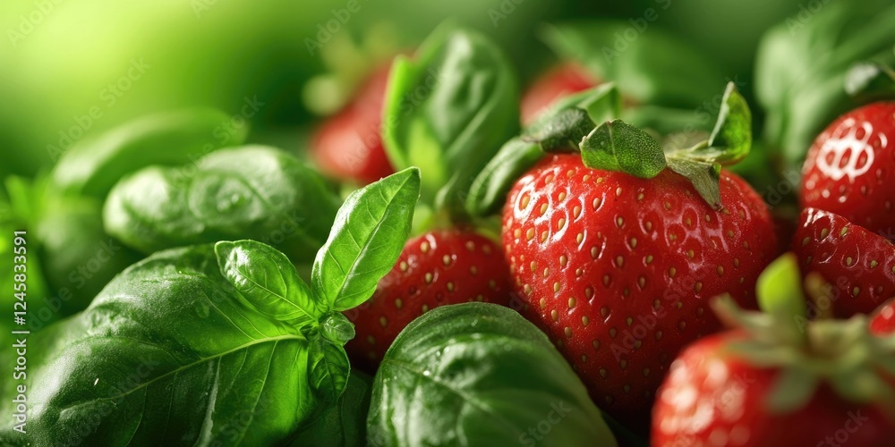 Poster fresh strawberries nestled among vibrant green basil leaves in a macro shot with rich textures and a
