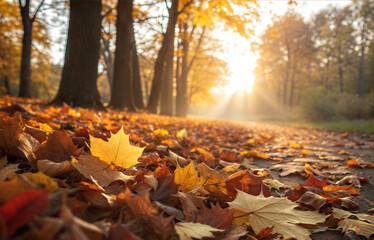 Yellow autumn maple leaves glows in sun rays
