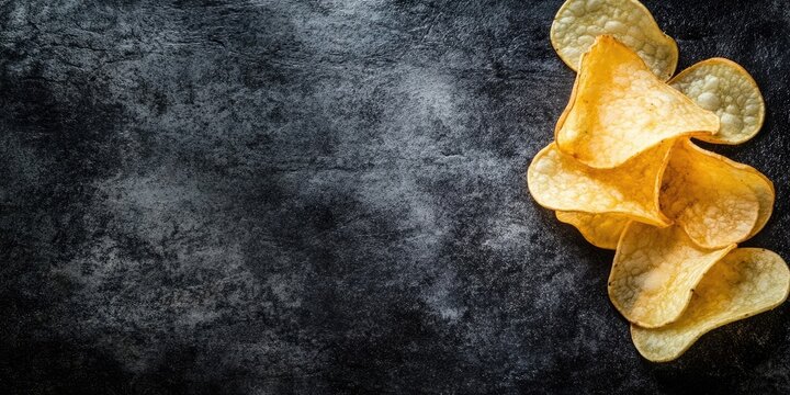 Crispy potato chips arranged on a dark textured background with a contrasting light grey and golden yellow color palette on the right side.