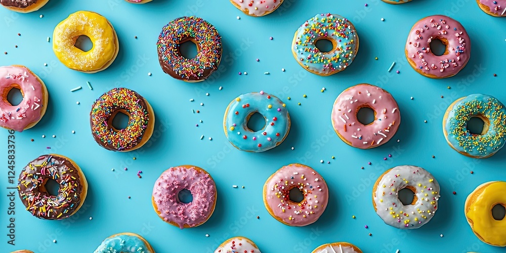 Poster Colorful assorted donuts with sprinkles arranged on a vibrant turquoise background creating a playful and cheerful pattern design.