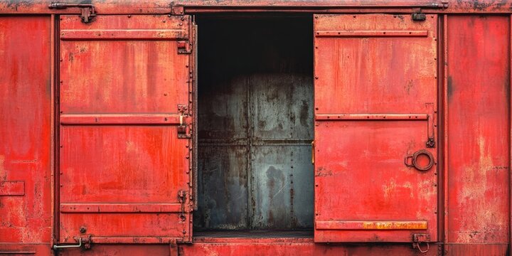 Vintage red freight train car with open doors showcasing weathered metal interior, textured surfaces, and rust stains creating a rustic industrial look.