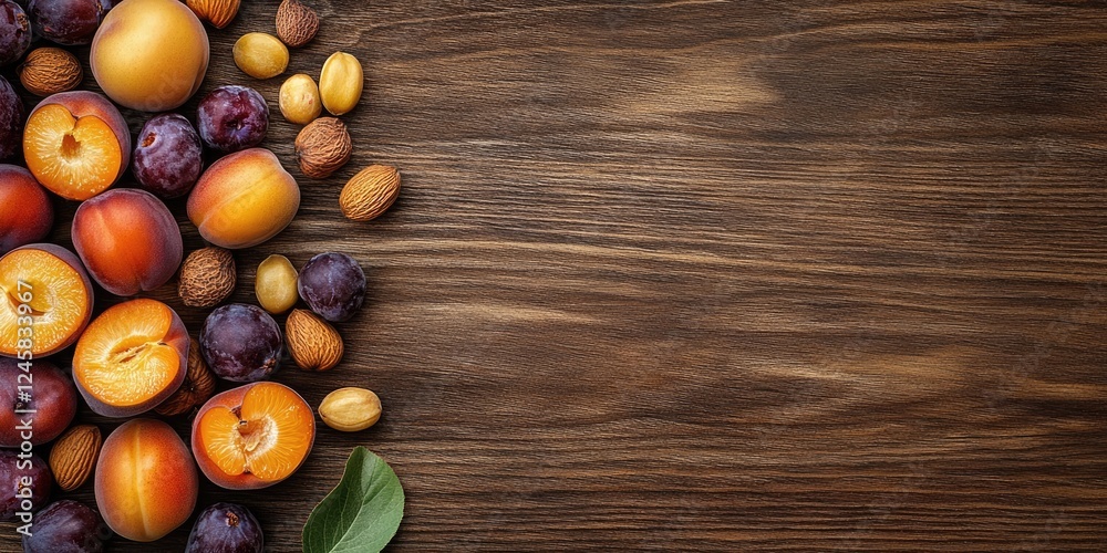 Aufkleber vibrant assortment of fresh plums and almonds arranged on a rustic wooden background with a natural 