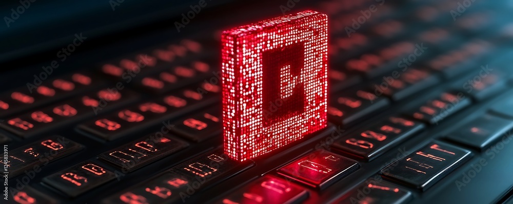Poster red digital code block on dark keyboard, representing data security or cyber threat.