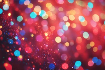 Colorful bokeh lights create a vibrant atmosphere during a celebratory event in an indoor setting