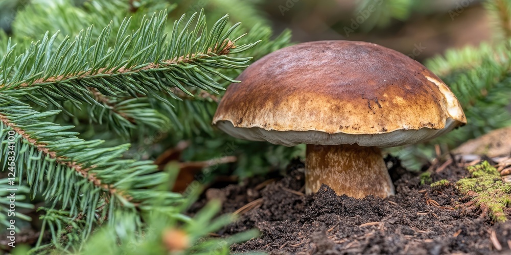 Poster brown mushroom emerging from dark soil surrounded by vibrant green pine needles capturing the essenc