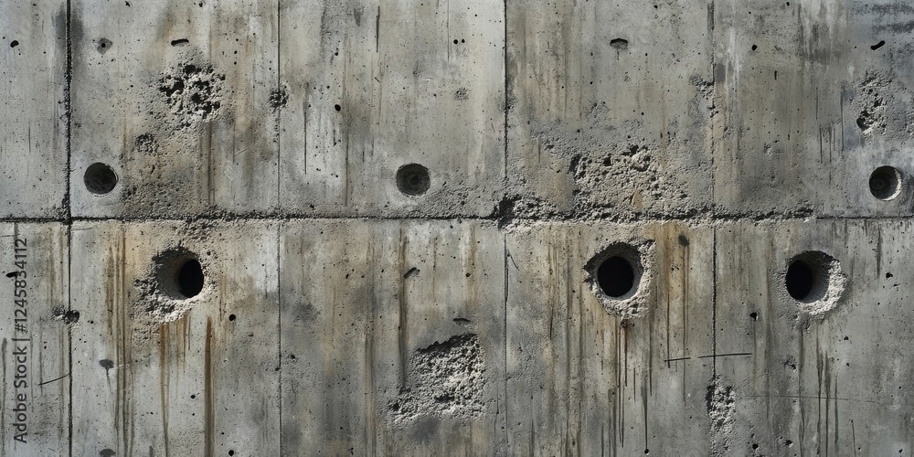Fototapete Textured concrete wall with irregular patterns and holes in gray tones, featuring an area for text on the right side for design purposes.