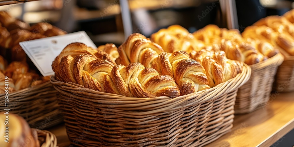 Poster Golden-brown croissants arranged in rustic wicker baskets on a wooden shelf with blurred bakery backdrop creating a warm inviting atmosphere