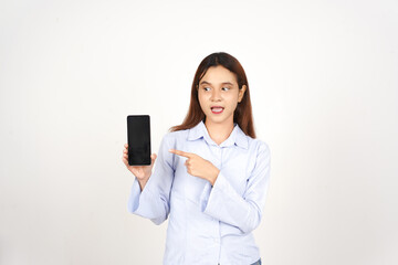 Surprised and Pointing at Smartphone Of Beautiful Asian Woman Isolated On White Background