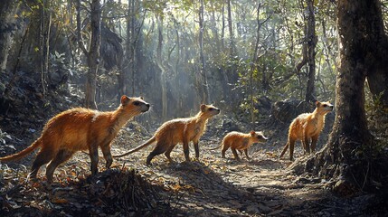 Three Red Foxes in a Sun Dappled Forest.
