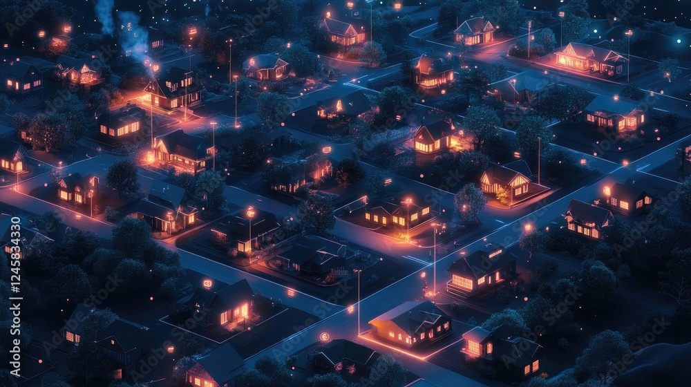 Poster a glowing night-time cityscape featuring homes and infrastructure interconnected with data points, i