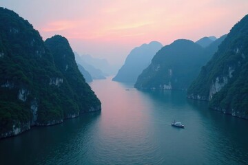 Mystical Ha Long Bay shrouded in impenetrable fog, mist, Asian