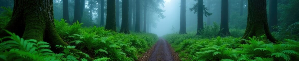 Narrow path through foggy woods with tall pines and ferns, winding, atmospheric, ferns