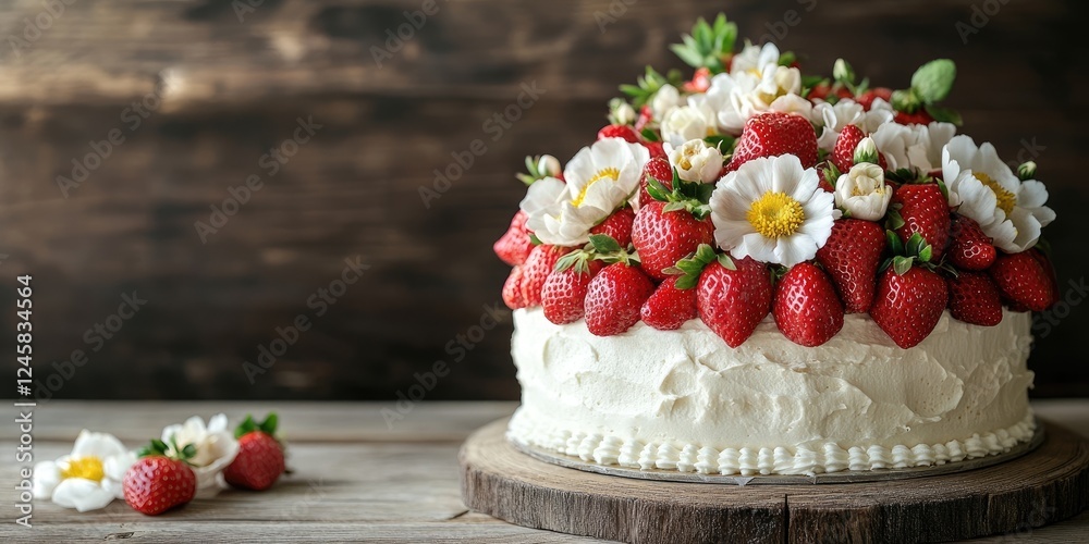 Poster fresh cream cake adorned with vibrant strawberries and delicate white flowers on a rustic wooden tab