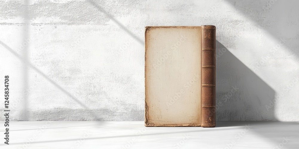 Poster vintage book positioned vertically against a textured light gray wall, sunlight casting soft shadows