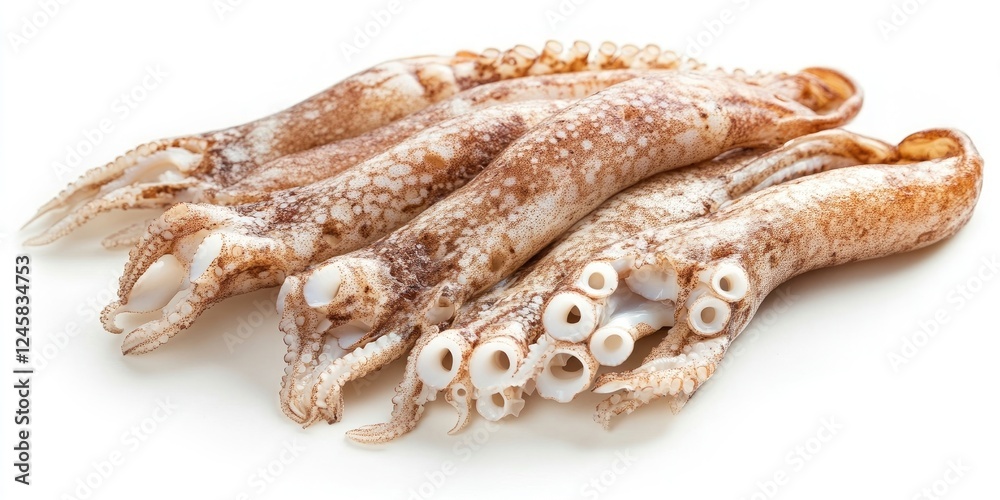 Aufkleber semi dry squids arranged on a white background displaying textured skin and limbs in shades of brown