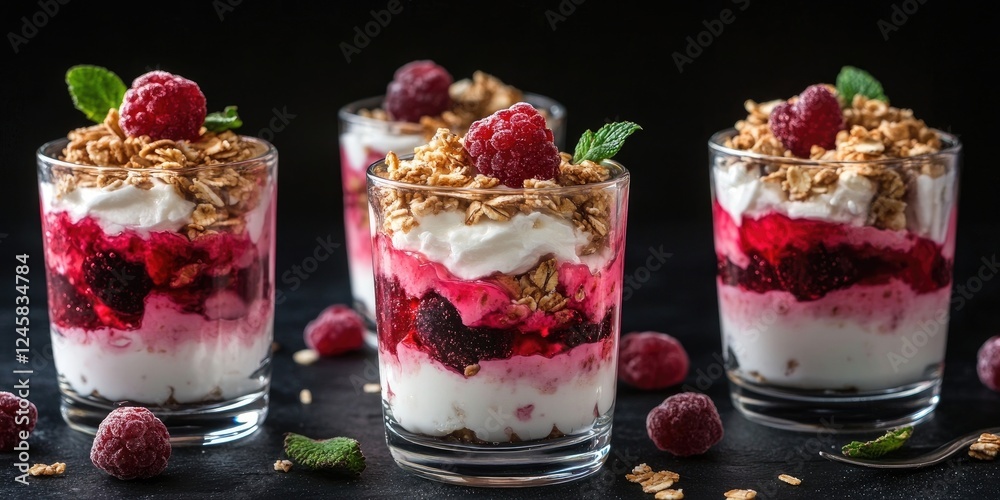 Poster layers of creamy yogurt with raspberry and granola in glass cups on a dark background garnished with