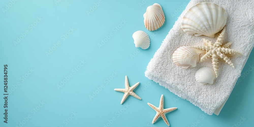 Poster relaxing beach scene featuring white seashells and starfish on a soft white towel against a calming 