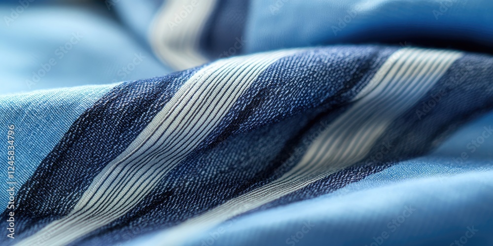 Poster close-up of a textured blue and white striped fabric showcasing silky smoothness and effortless iron