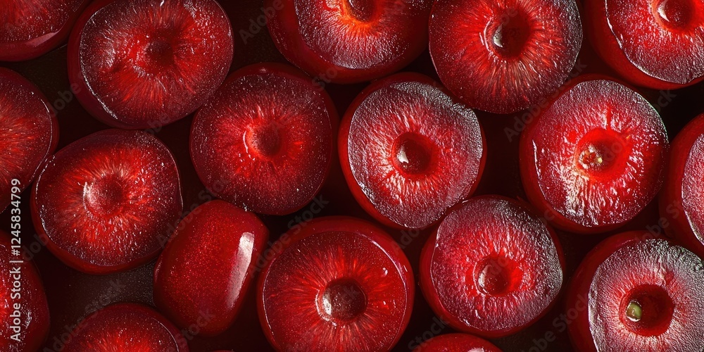 Poster Overhead view of glossy deep red cherries with vivid halves arranged symmetrically on a dark surface highlighting their juicy texture and color.