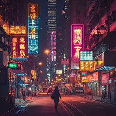 Neon City Wanderer: A lone figure strolls down a vibrant city street, illuminated by the colorful glow of neon signs, reflecting the electric energy and captivating atmosphere of the urban nightlife.