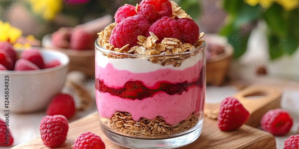 Poster delicious raspberry yogurt parfait layered with granola and cream topped with fresh raspberries set 