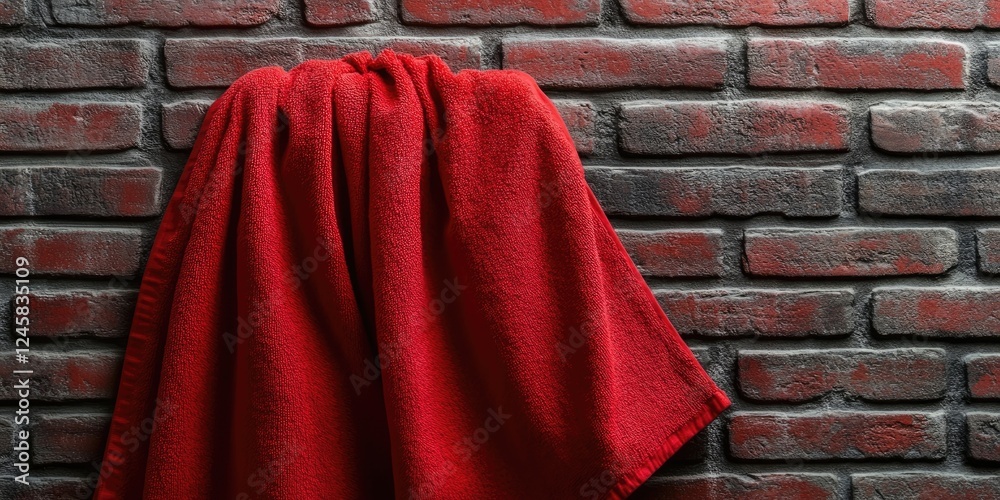 Poster red towel elegantly draped over a textured dark gray brick wall creating a striking contrast between
