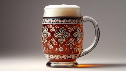 A ceramic jug of beer with traditional patterns, isolated on a white background with soft lighting 