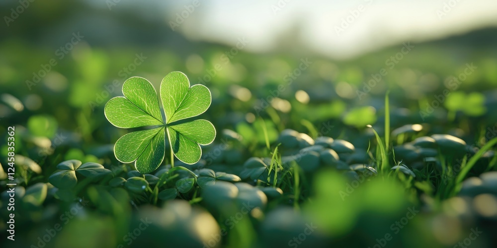 Poster lush green clover leaf prominently centered among vibrant grass and foliage with soft blurred backgr