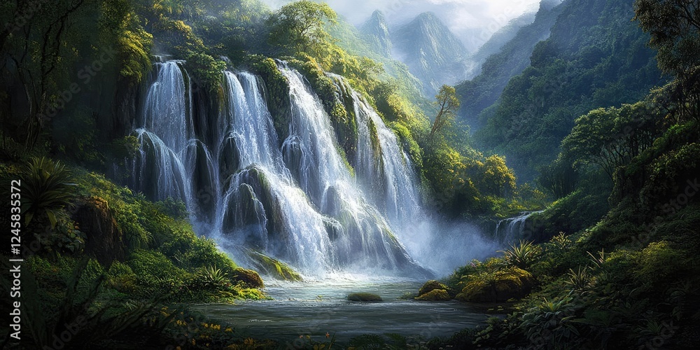 Poster lush green waterfall cascading down rocky cliffs with mist rising in a tranquil forest setting under