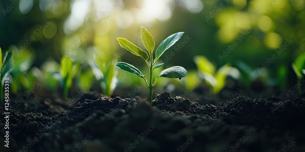 Aufkleber Green seedling emerging from rich soil in foreground with blurred green foliage and soft sunlight creating a bokeh effect in background.