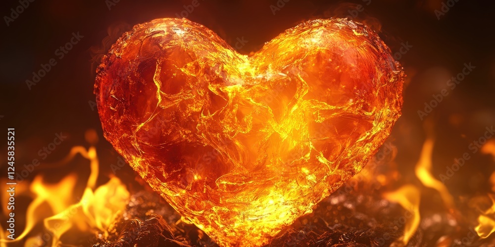 Poster fiery heart shape glowing in vibrant orange and red hues with flames in the background, symbolizing 