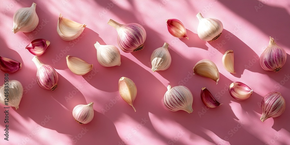 Aufkleber garlic cloves in various shades of white and purple laid out on a pink background casting shadows cr