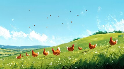 A group of chickens freely roaming a vibrant green pasture with a clear blue sky, capturing the essence of natural farming and rural life.