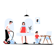 Family Cleaning Together In Flat Vector Illustration Symbolizing Household Chores, Teamwork, And Home Maintenance, Isolated On White Background