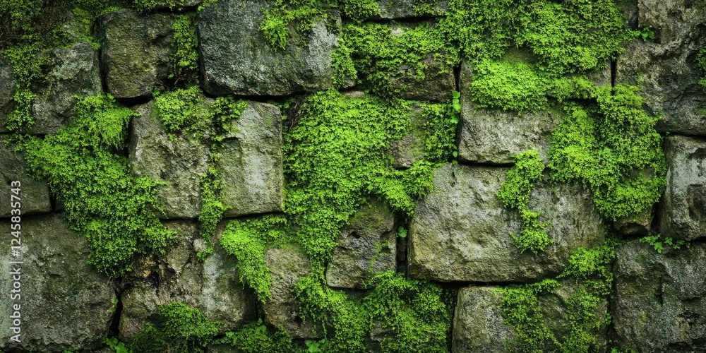 Leinwandbilder lush green moss blankets a rugged stone wall in varying shades of green, creating a textured backdro